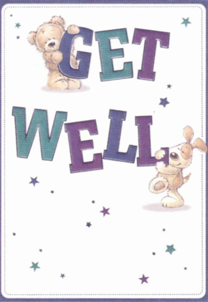 A wholesome scene unfolds on this get well card, perfectly suited to the heartwarming traditions found in Harold Park. Two endearing figures-a round-bellied teddy bear and an eager puppy with floppy ears-share centre stage, their presence evoking the gentle camaraderie so familiar to our area. Each holds and leans on playful, colourful letters spelling 'Get Well,' the text's lively purples and teals echoing the blooming delphiniums and irises often seen in bouquets from Harold Park Florist. The illustrated fur of both friends, rendered with textural nuance, appears almost tangible, inviting the touch much like the embrace of a plush arrangement delivered to a loved one on Straight Road. Around them, starlight motifs drift-miniature bursts of blue and violet, creating an uplifting constellation that hints at hope and brighter days ahead. The soft white canvas draws focus to every affectionate brushstroke and every celebratory curve in the design. This card, when paired with a cheerful bouquet, becomes more than just a gesture-it's a tactile experience of comfort and reassurance, rooted in a sense of community and belonging unique to Harold Park. Its mood is as fresh and buoyant as a spring day here, making it an ideal companion for moments of recovery and care.